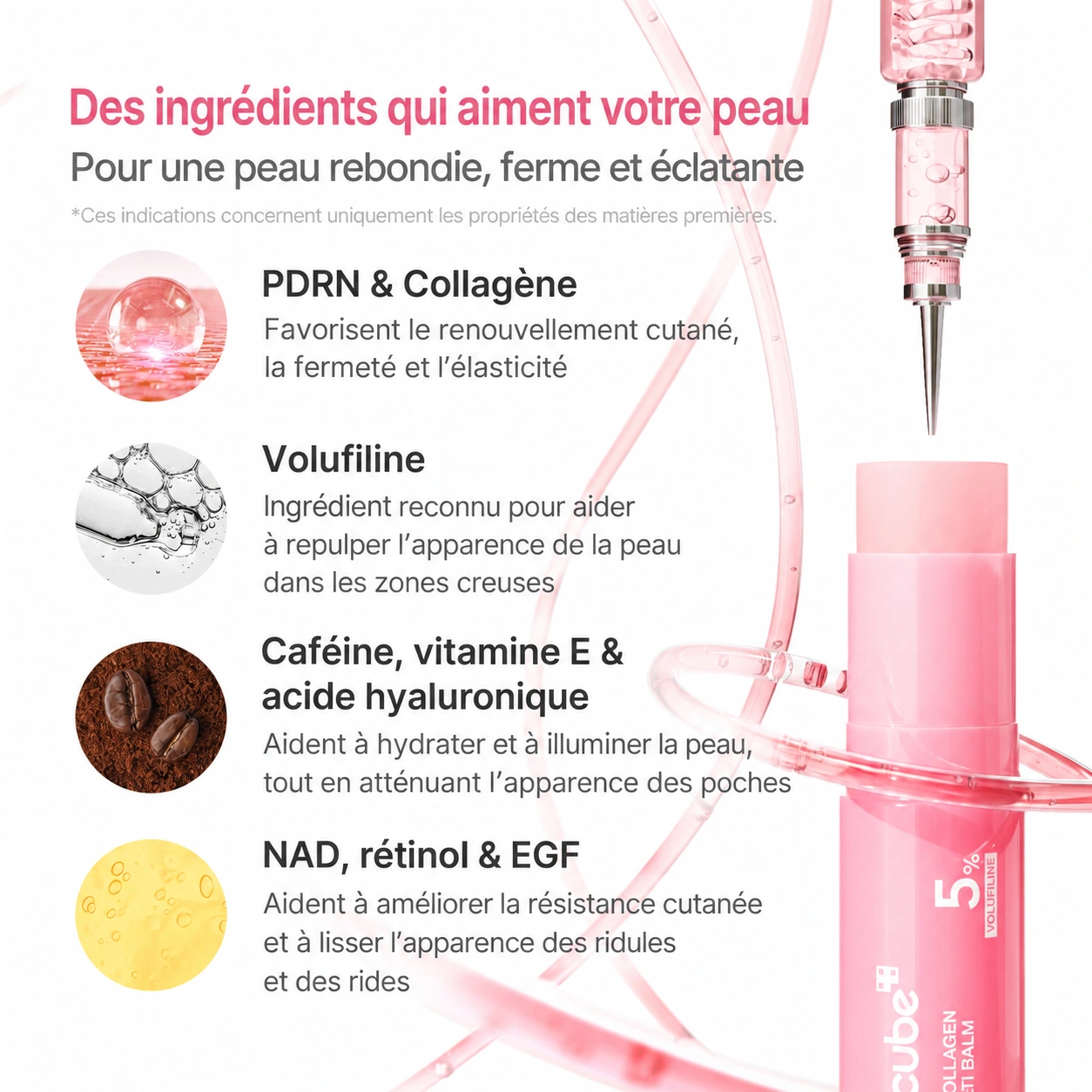 Les ingrédients du baume : PDRN, collagène, Volufiline, caféine, vitamine E, acide hyaluronique, NAD, rétinol et EGF.