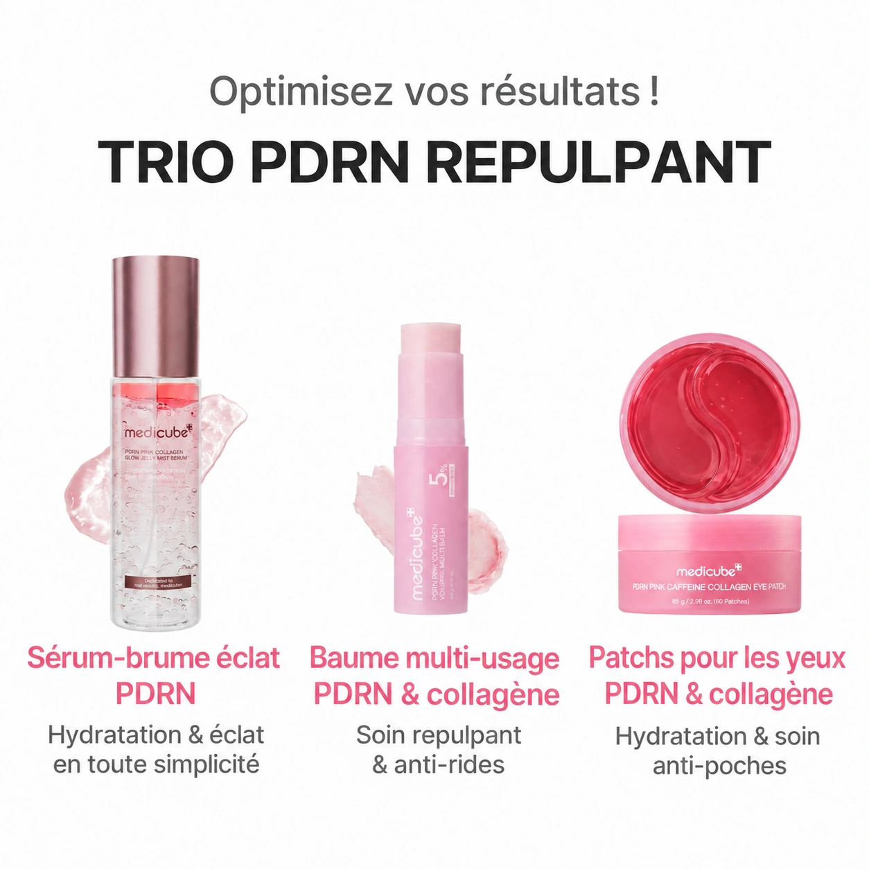 Trio PDRN repulpant : sérum-brume, baume multi-usage et patchs pour les yeux.